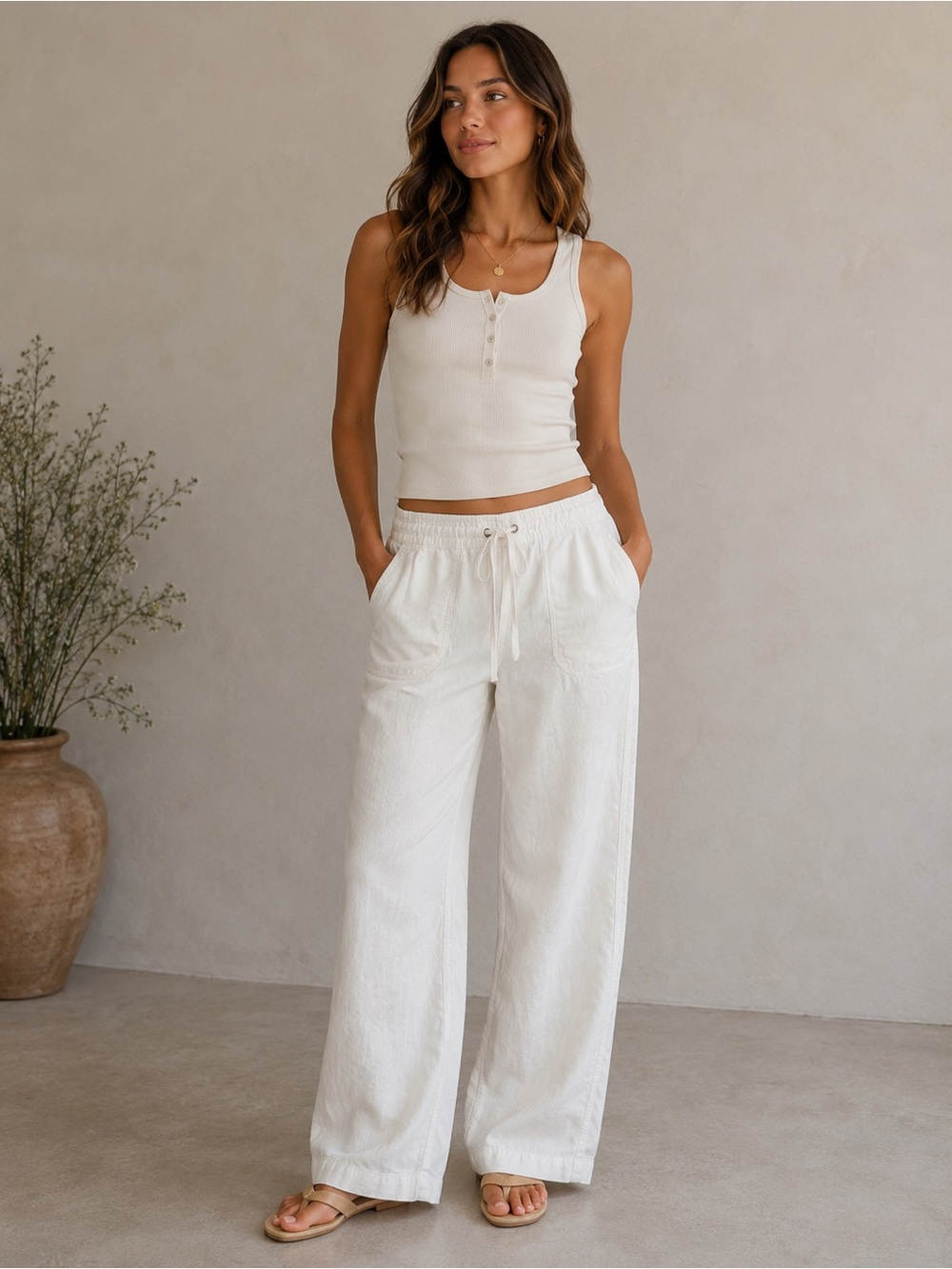 Per Se Linen Blend Wide Leg Drawstring Pants Size Small White